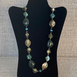 Boho Statement Green Resin Stone Earth Tone Artisan Style Beaded Necklace